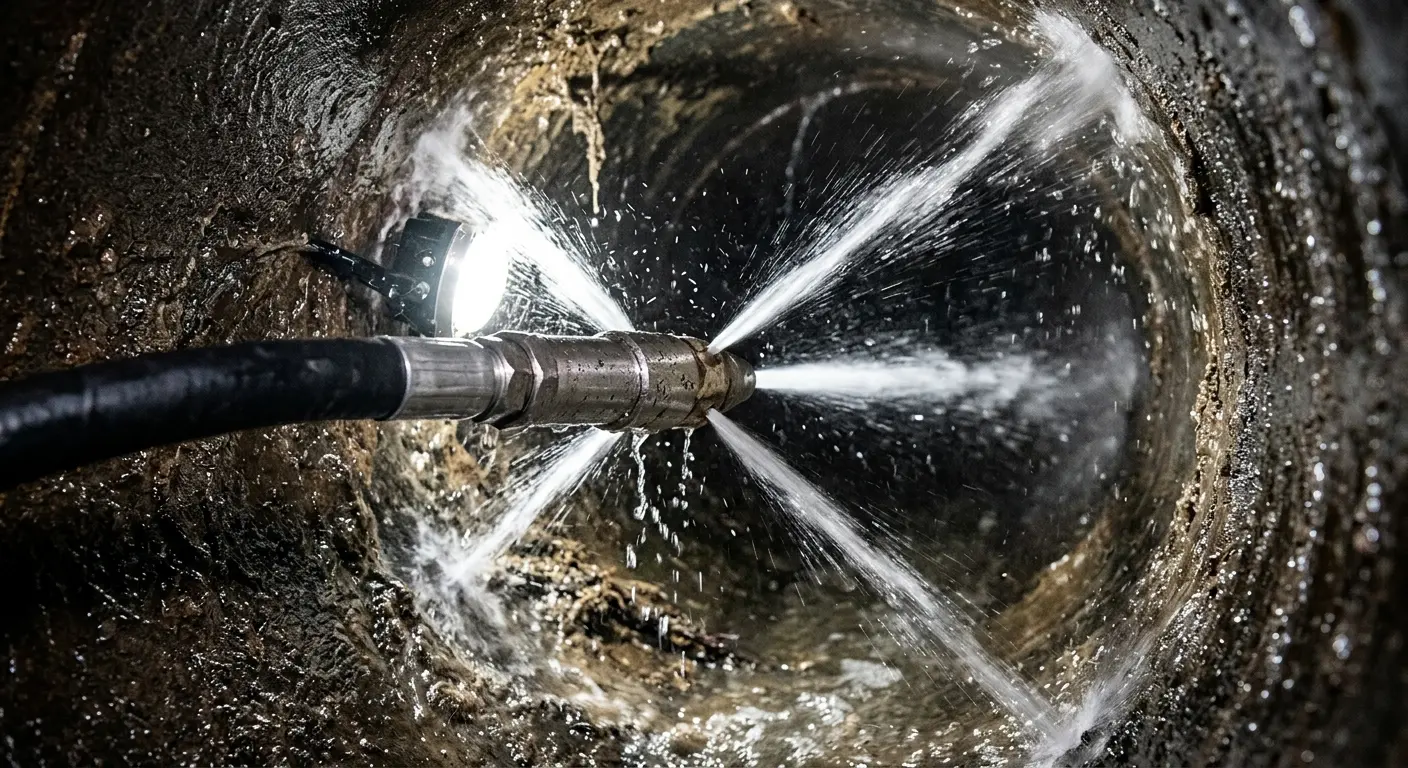 High-pressure hydro jetting nozzle cleaning sewer pipe for Sewer Cleanout in Clearlake