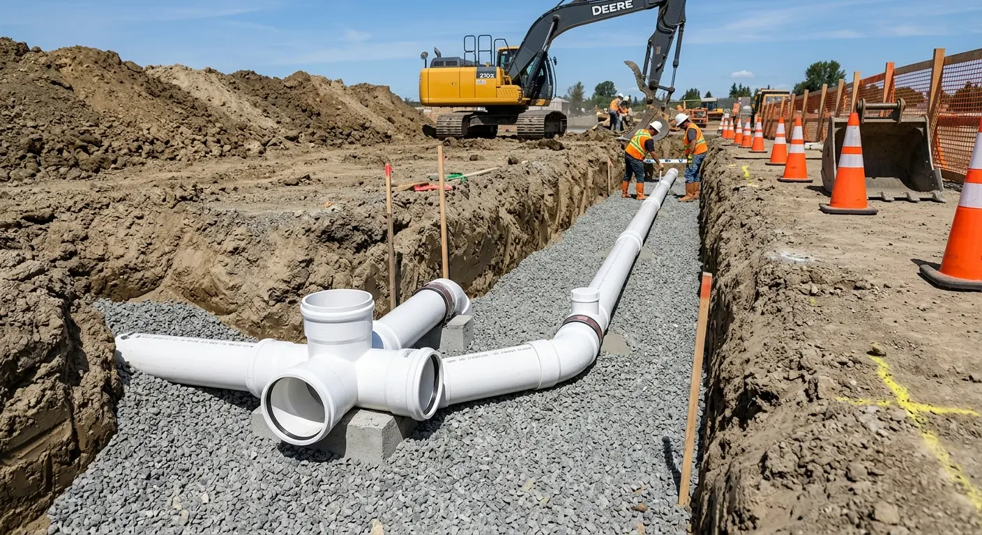 New PVC sewer pipe installation in open trench for Sewer Backup in Clearlake