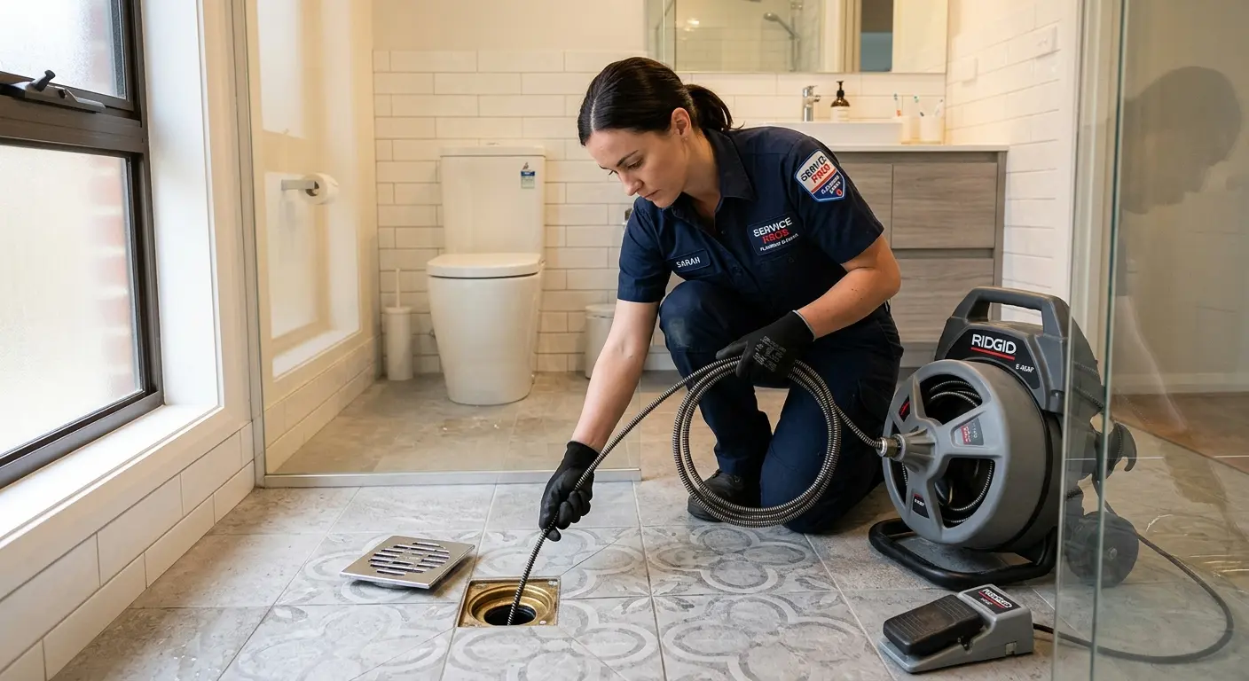 Technician clearing a bathroom floor drain for Sewer Line Replacement in Clearlake